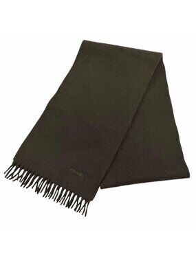 Prada Wool Cashmere Blend Logo Embroidered Fabric with Fringe Scarf Shawl Dark